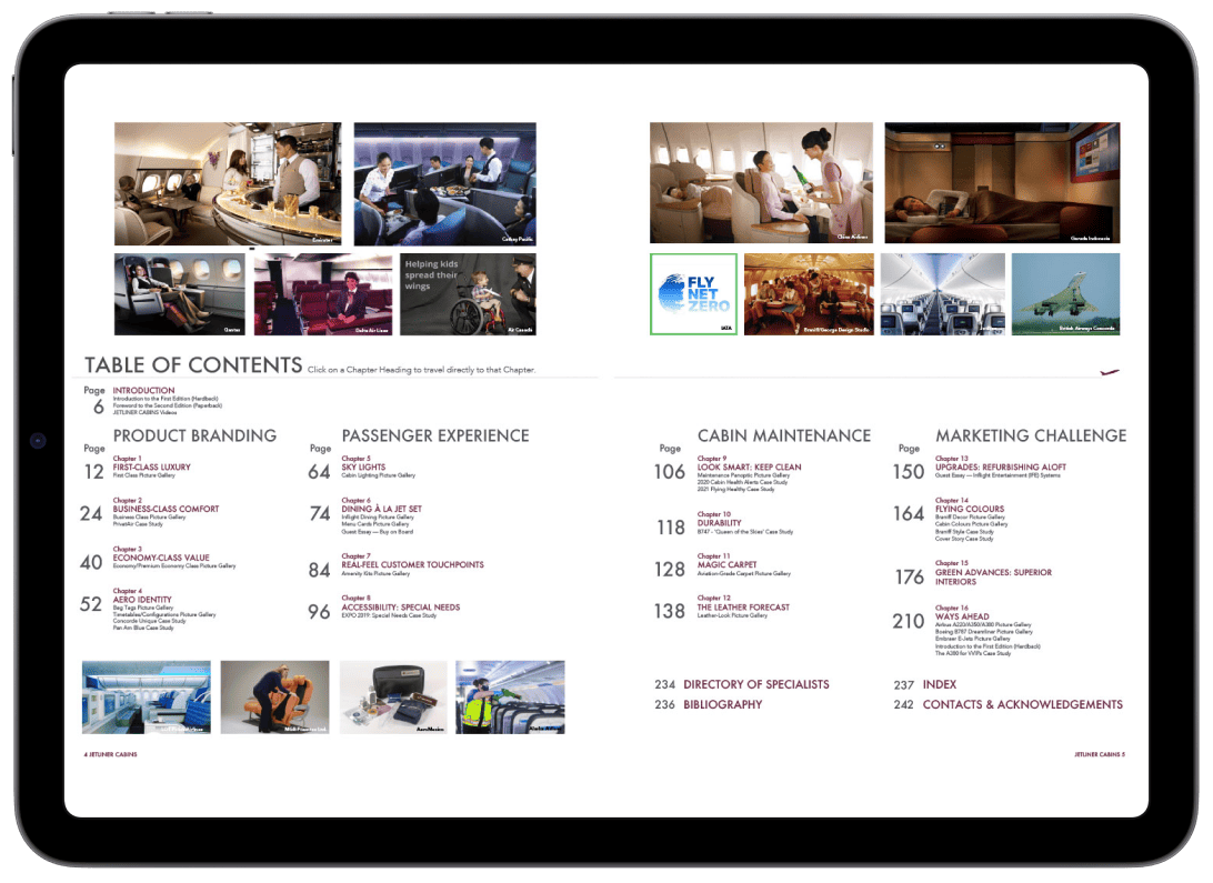 Tablet displaying a table of contents from 'Jetliner Cabins,' listing chapters on branding, passenger experience, cabin design, and airline marketing.