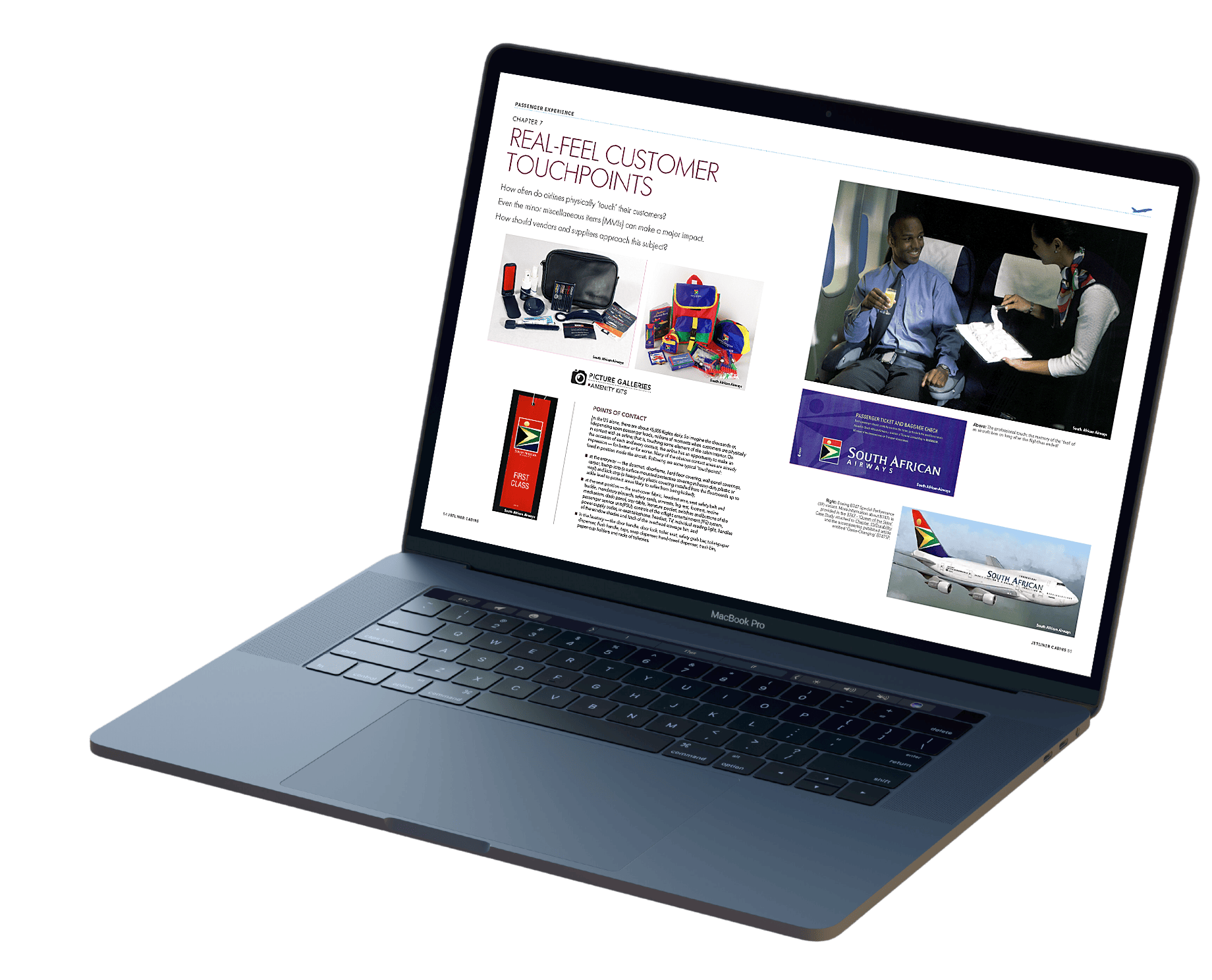 MacBook displaying pages of an aviation design book by Jetliner Cabins, showcasing detailed aircraft cabin layouts and interior design concepts